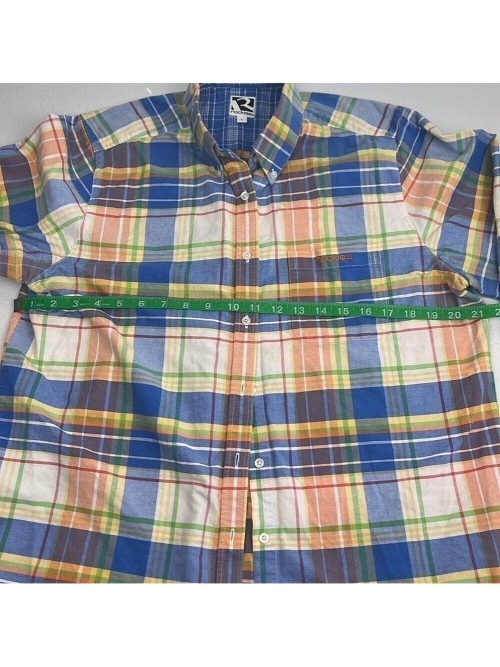 Rockies Cotton Shirt Button-Down Yellow/Blue Plaid Long Sleeve Rounded Hem Top - Picture 10 of 12